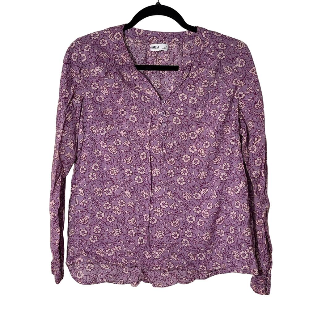 Sonoma Smocked Sleeve V Neck Floral Cotton Boho Modal‎ Blouse Purple Small